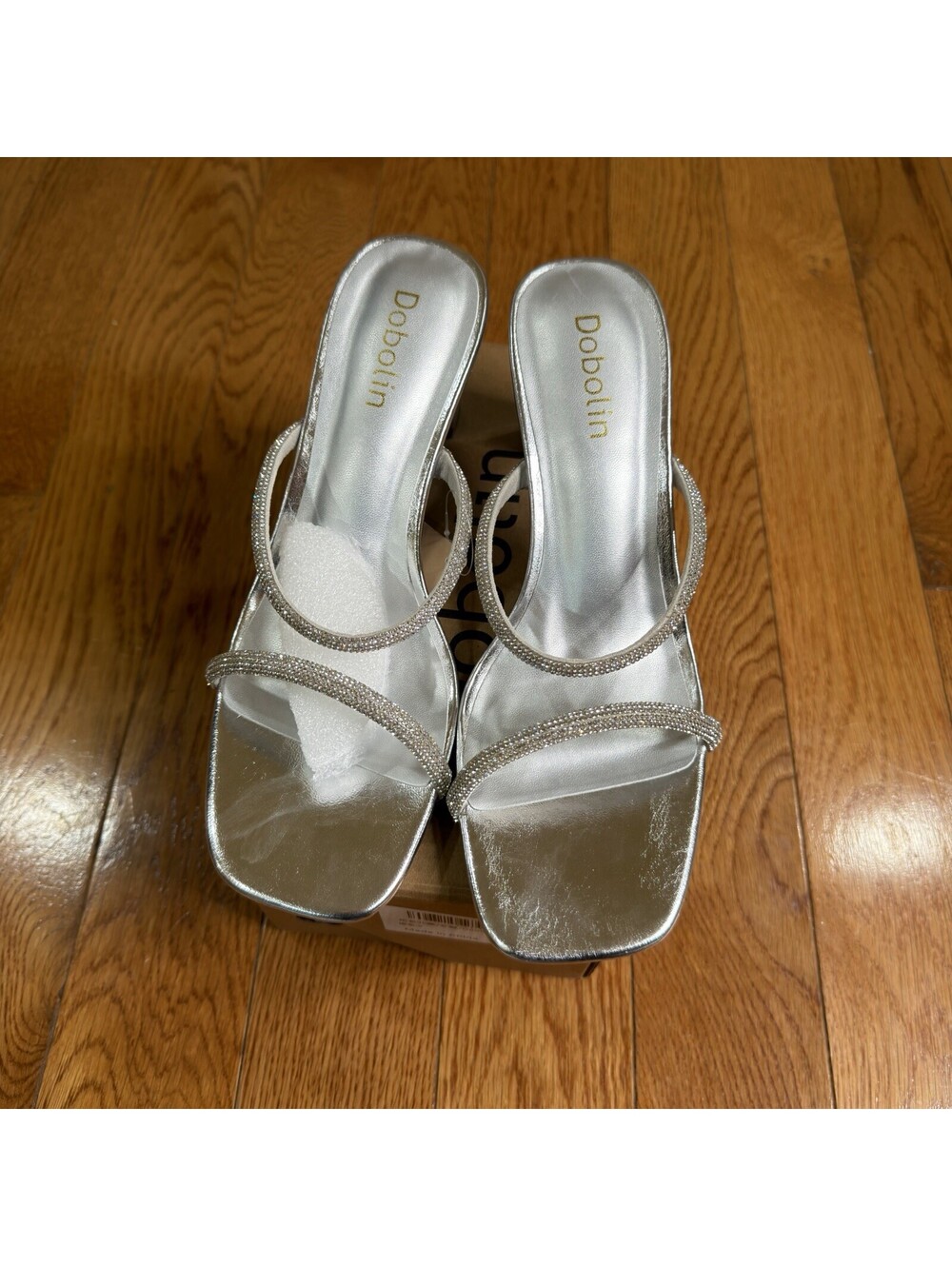 Dobolin Women's Silver Rhinestone Heeled Slide Sandals Size 9 Open Toe Mule - Picture 1 of 14